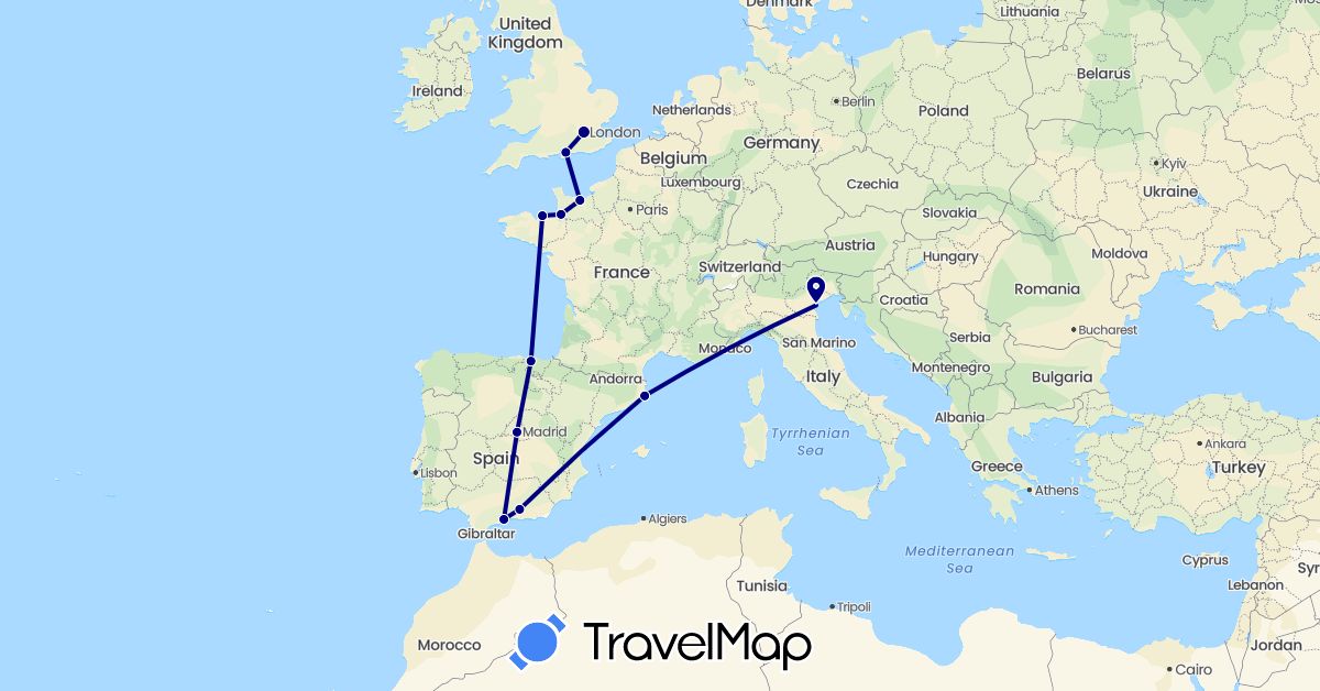 TravelMap itinerary: driving in Spain, France, United Kingdom, Italy (Europe)